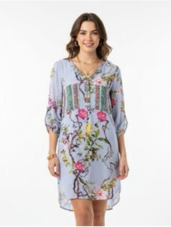 fig and flower Dresses & Skirts - Blue Floral Birds Popover Tunic, Beach Cover-up Mini Dress Boho Style Size M